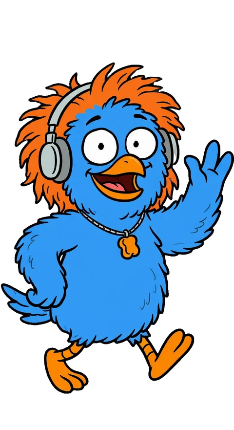Luuk, a blue bird with orange hair and headphones